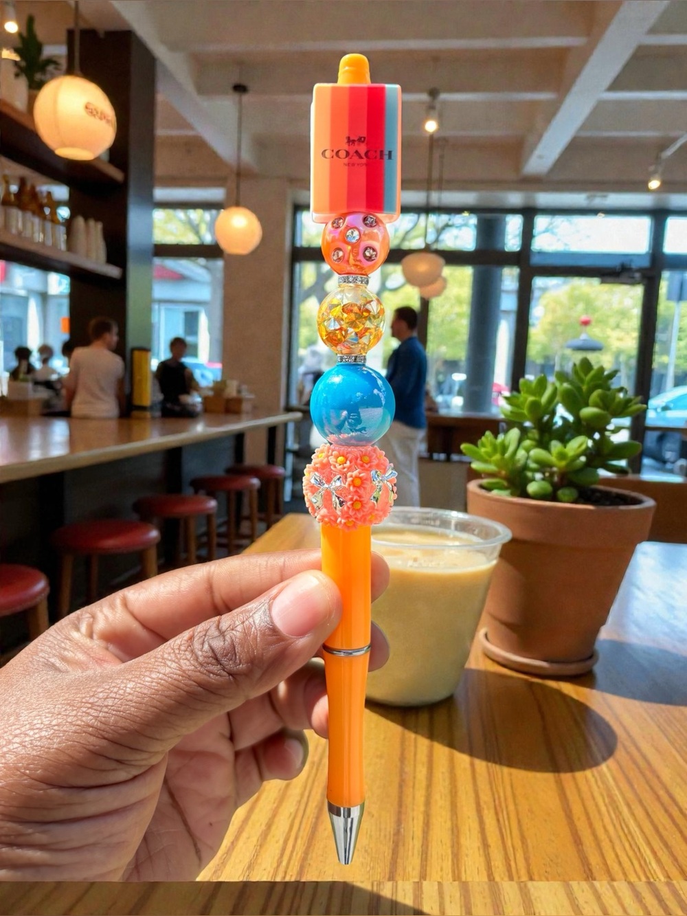 Handcrafted Beaded Orange Pen  with Book Topper  - Women's Accessories